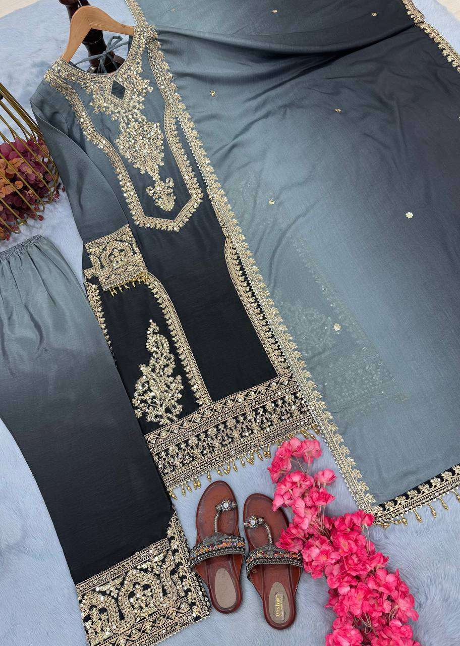 Women's Chinon Silk Embroidery Straight Pakistani Salwar Suit and Dupatta - Image 12